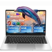14.1" Student Laptop Computer Windows 11 Pro Office 2024 Intel Celeron N4000 Processor 6GB RAM 512GB SSD Thin and Lightweight home school PC Computer for Work WiFi 5, BT4.2