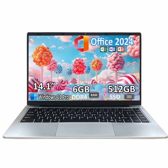 14.1" Student Laptop Computer Windows 11 Pro Office 2024 Privacy camera 6GB RAM 512GB SSD 2.6 GHz WiFi5 BT 4.2 Lightweight Business Laptop Computer