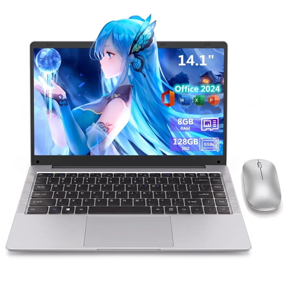 14.1" Student Laptop with Rechargeable Silent Mouse, Office 2024, 8GB RAM 128GB SSD, 4-Core Intel Celeron, HD Display USB3.0 Webcam Wi-Fi 5 BT5.0, Thin and Light Notebook Computer for study and work