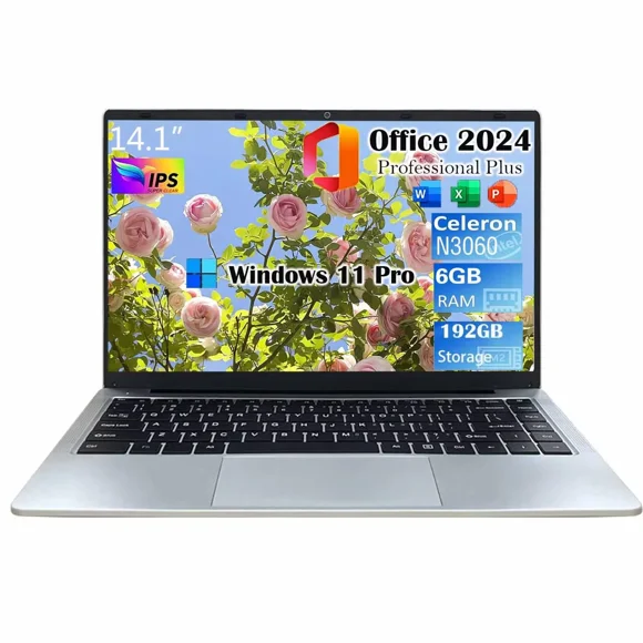 14.1 Student Laptops Windows 11 Pro 6GB RAM 192 Storage Office 2024 Business Laptops Computer for Work Intel N3060 2.5 GHz WiFi5 BT 4.2