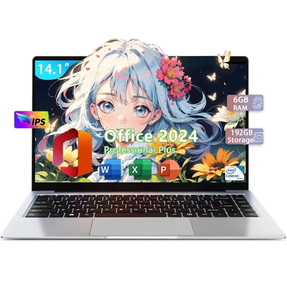 14.1" Ultra-Thin Business Laptop Office 2024 Webcam FHD IPS Display Windows 11 Intel Celeron N3060 (2-2.5GHz) 6GB RAM 192GB Storage MicroSD Slot