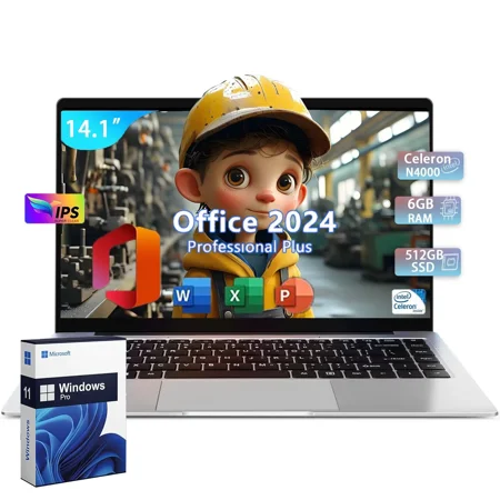 14.1" Ultra-thin Business Laptop Computer Office 2024 Webcam Windows 11 Pro Webcam FHD IPS Display 2-2.5 GHz DDR4 6GB RAM 512G SSD Intel Celeron N4000 CPU -Silvery