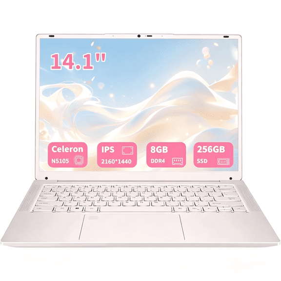14.1 inch Laptop Computer, 2K FHD IPS Display, 8GB RAM, 256GB SSD, Intel N5105(Beat N5095, 4C/4T), Backlit Keyboard