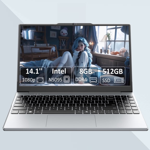 "Molegar 14.1"" Ultra-Light Laptop, Intel N5095, 8GB RAM, 512GB SSD, FHD IPS Display, Dual-Band WiFi, USB-C"