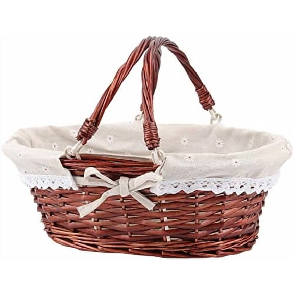 14.1 x 11 x 6.7 Inch Natural Wicker Woven Basket, Premium Willow Basket with Handle and Linen Cotton Cloth Lining for Storage, Gift, Decoration, Picnic, Party, Dark Brown