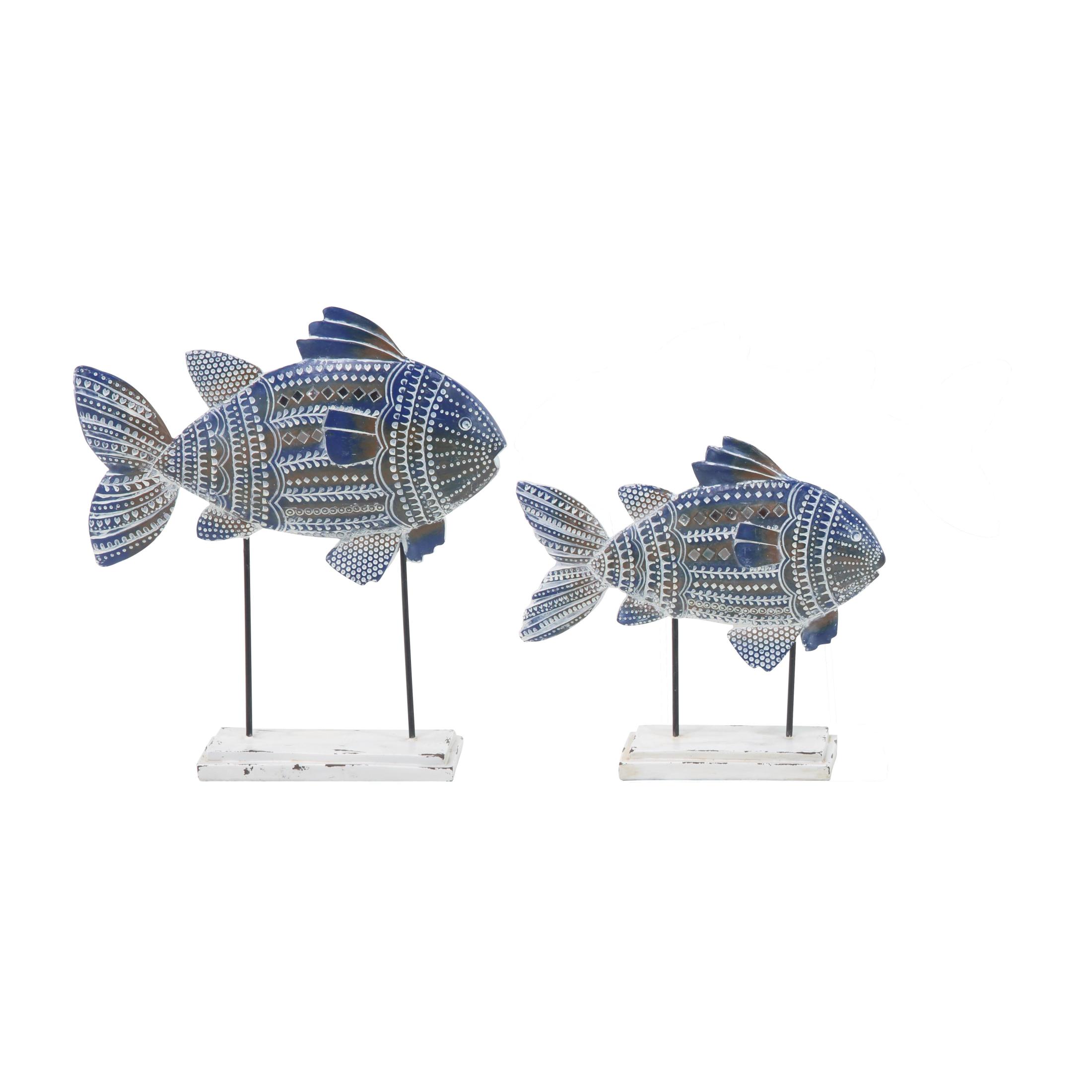 14", 10"H Blue Polystone Tribal Patterned Fish Sculpture with White Carvings and Mirrored Accents, by DecMode (2 Count)