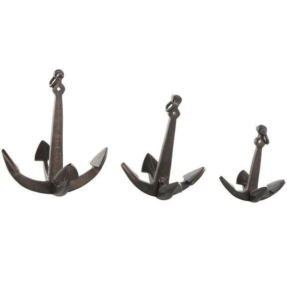 14", 11", 8"H Copper Aluminum Metal Weathered Anchor Sculpture with Hanging Hook, by DecMode (3 Count)