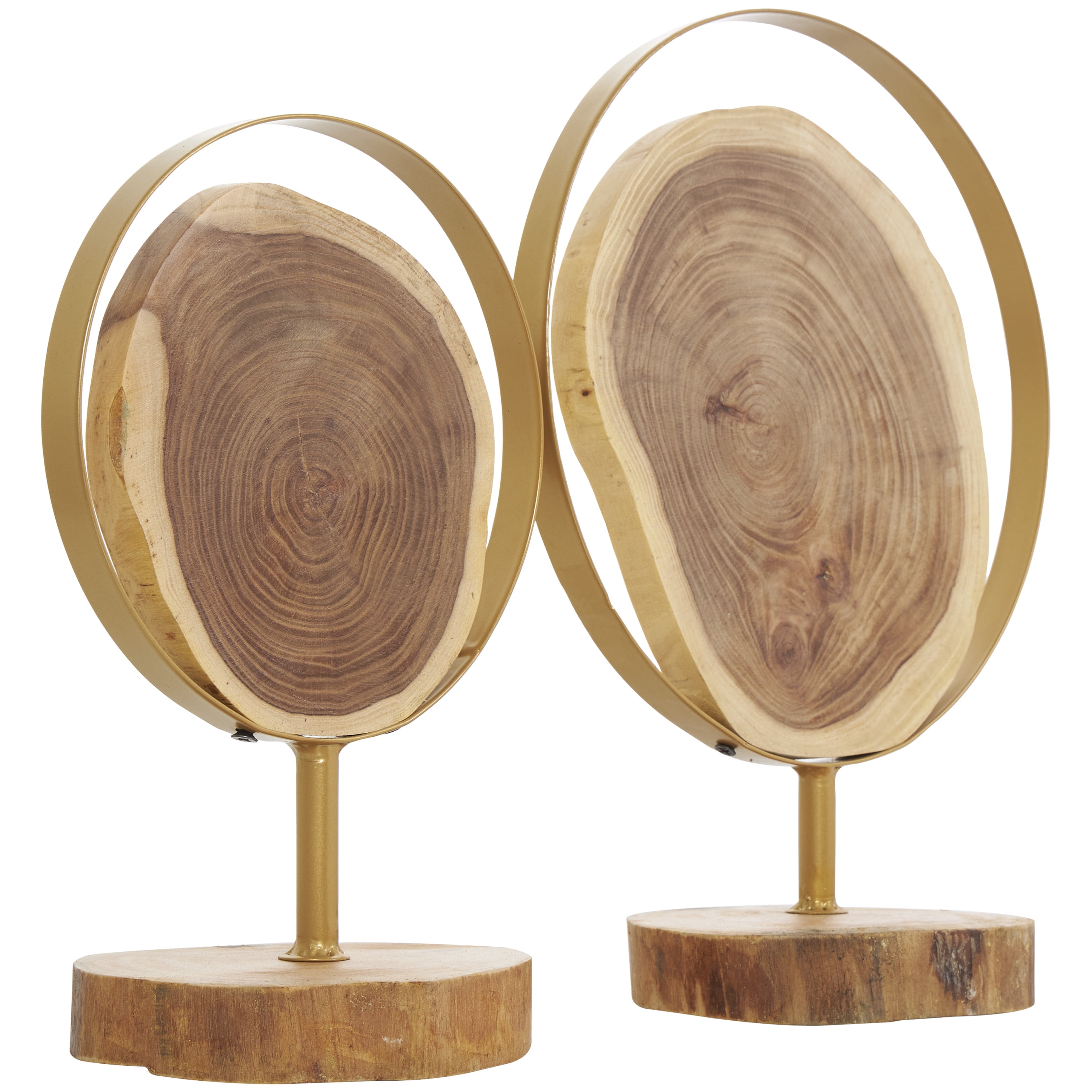 14", 11"H Brown Wood Handmade Live Edge Slab Abstract Sculpture with Gold Metal Rings, by DecMode (2 Count)