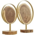 thumbnail image 1 of 14", 11"H Brown Wood Handmade Live Edge Slab Abstract Sculpture with Gold Metal Rings, by DecMode (2 Count), 1 of 12