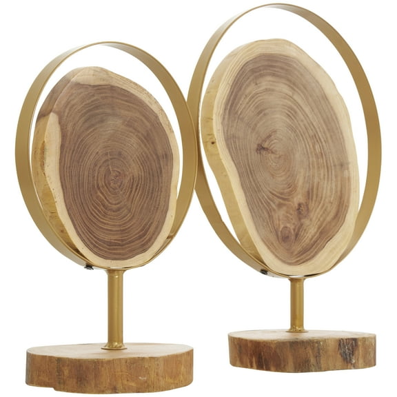 14", 11"H Brown Wood Handmade Live Edge Slab Abstract Sculpture with Gold Metal Rings, by DecMode (2 Count)