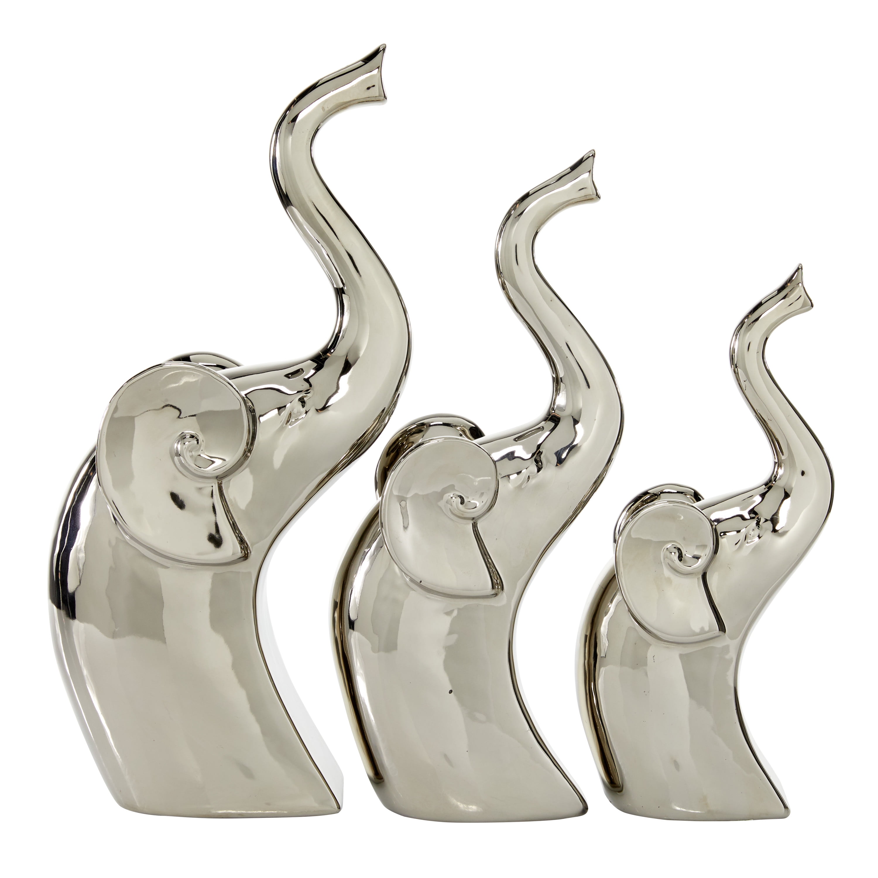 Silver Porcelain Elephant Statue Set with Polished Finish