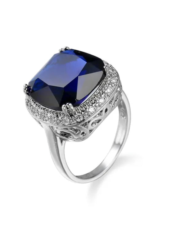14*14mm Dark Blue Zirconia Princess Cut CZ 925 Silver Wedding Stylish Party Ring