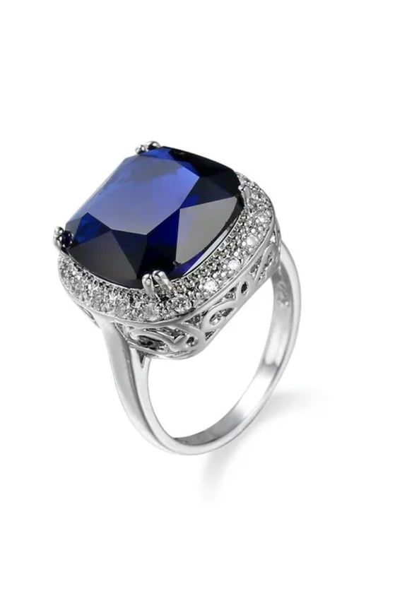 14*14mm Dark Blue Zirconia Princess Cut CZ 925 Silver Wedding Stylish Party Ring