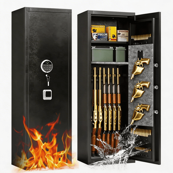 14-15 Gun Safe, 0.1s Fingerprint Unlock Gun Safe for Rifles and Pistols, Quick Access Rifle Safe with Removable Gun Racks and Pistol Pockets, Digital Gun Cabinet with Dual Alarm and Mute Mode