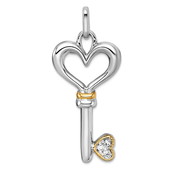 14.15mm 925 Sterling Silver Rhodium Platedwith 14k Accent Polished Cubic Zirconia Love Heart Key Pendant Necklace Pendan