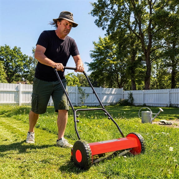 14/16 Inch Manual Reel Lawn Mower, 5-Blade Push Reel Mower with Adjustable Cutting Height, Lightweight, Quiet, Rechargeable – Compact Eco-Friendly Grass Cutter for Small Yards