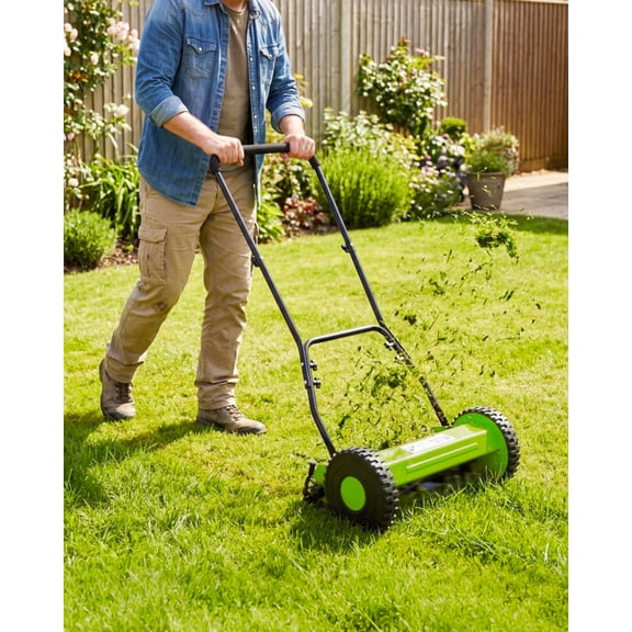 14/16 Inch Manual Reel Lawn Mower, 5-Blade Push Reel Mower with Adjustable Cutting Height, Lightweight, Quiet, Rechargeable – Compact Eco-Friendly Grass Cutter for Small Yards
