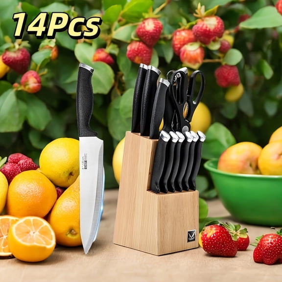 14-16pcs Hammered Knife Block Set, Chef & Steak Knives, Super Sharp Carbon Stainless Steel with Wooden Block & Sharpener, Kitchen Gift Set