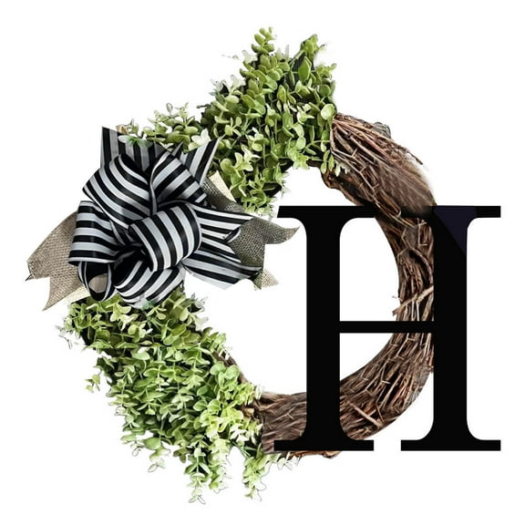 14.17" x 14.17" Last Name Welcome Sign for Front Door, Front Door Wreath with 26 Initial Letter Welcome Sign, Spring 26 Initial Letter Bow Diamond Vine Eucalyptus Garland Home Door Hanging