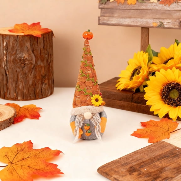 14.17in Thanksgiving Faceless Dwarf Doll, Orange Cloth Pumpkin Sunflower Toy – Stable Standing Tabletop Window Decor, Christmas Holiday Gift