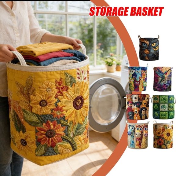 14*18 Inch Quilted Laundry Basket with Handles, Boho Fabric Floral Storage Hamper for Nursery Bedroom Laundry Room (A)