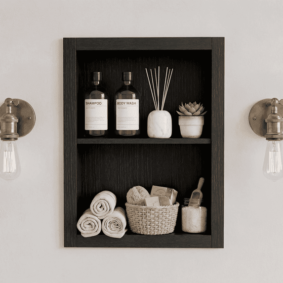 HAIDAIYA 14'' * 18'' Recessed Medicine Cabinet Wall Niche Wood, 2-Tier Bathroom Niche Insert for Drywall, in Wall Shelf Medicine Cabinets Replacement, for Living Room, Bathroom Storage, Black