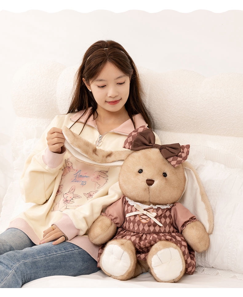 14/18in Vintage Checkered Dress Bunny Plush Toy for Kids, Soft Stuffed Rabbit Doll with Bow, Cute Decorative Plushie, Available in 2 Sizes
