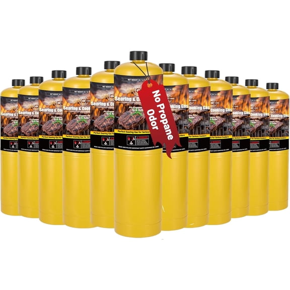 14.1oz MAPP Gas 12 Packs Kit 99.99% High Purity Equal to MAP Gas Hotter than Propane No Odor Cooking Searing Camping Gas to Broil Sous Vide for Welding Brazing Soldering Propane Torch Head