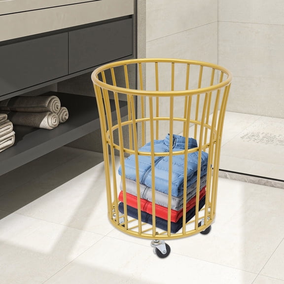 14.2*15.7in Metal Gold Laundry Basket Free Standing Round Barrel Shape Laundry Basket with Wheels
