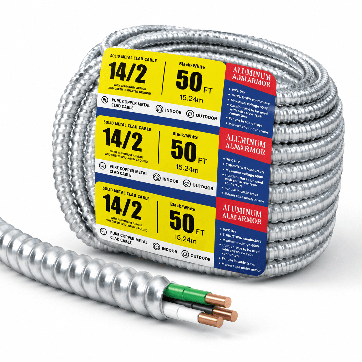 Cladding Wire Chain 14/2 50 FT Metal Clad Electrical Wire with Ground Solid Copper ...