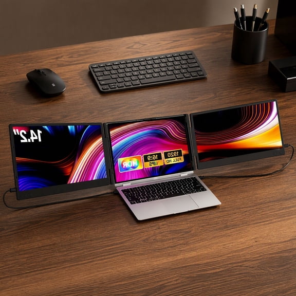 14.2" FHD 1080P Triple Portable Monitor for Laptop, Laptop Screen Extender with Adjustment Button, USB-C/ and , Fit 13-17" Laptops, Compatible with //Android/