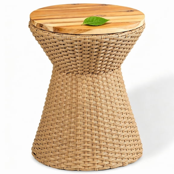 14.2" Faux Rattan Stool with Wooden Lid, Resin Wicker-Style Accent Table / Side Table, Steel Frame, Indoor & Outdoor Use, Suitable for Patios, Porches, and Balconies
