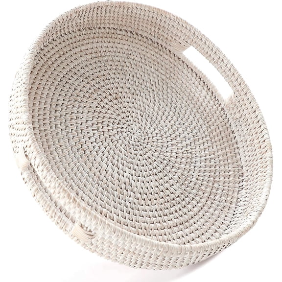 14.2" Hand-Woven Round Rattan Serving Tray Decorative Wicker Ottoman Platter with Handles for Coffee Table Breakfast Drinks Snack Bread Fruit Vegetables