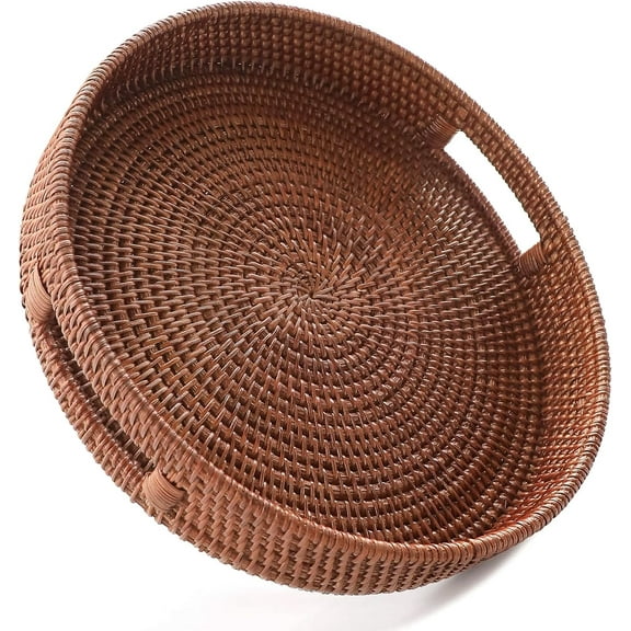 14.2'' Hand-Woven Round Rattan Serving Tray Decorative Wicker Trays with Handles for Coffee Table