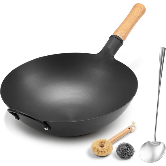 14.2 Inch Round Bottom Carbon Steel Wok with Wooden Handle