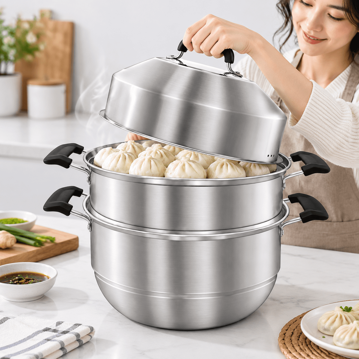 14.2 Inch Stainless Steel 2-Tier Steamer Pot with Lid, Multipurpose ...