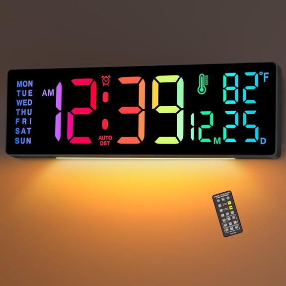 14.2" Large Display Digital Wall Clock with Date Day of Week Temp Timer, Electric 8-in-1 Color Changing Big LED Clock for Elderly Seniors, Auto DST, Remote Control for Living Room Home Gym