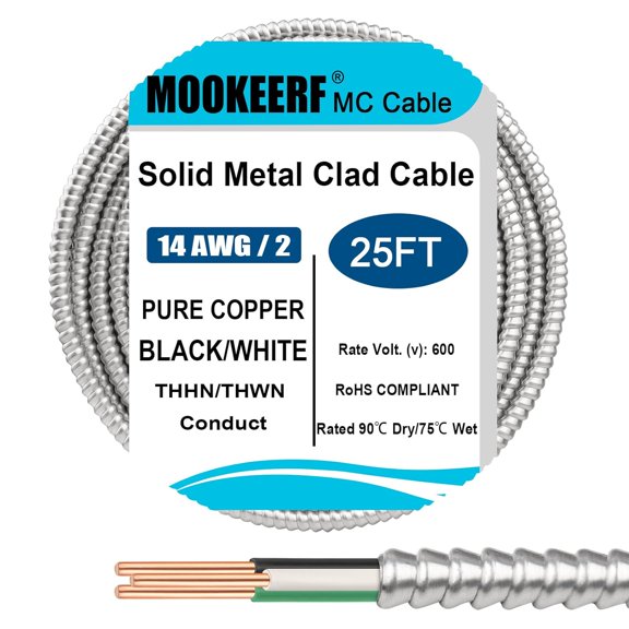 14/2 MC Cable with Ground - 25FT Pure Copper 14A/2 Ml Clad Wire with Aluminum Armor 14 Gauge 2 Conductor Type MC Alum Cable