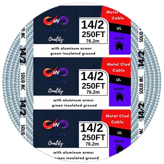 14/2 Metal Clad MC Cable 14 Gauge 2 Conductor Electric Wire with Aluminum Armor Cable with Ground for Indoor Outdoor (250 FT)