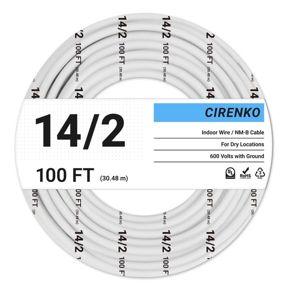 14/2 NM-B Cable 100 FT – UL Listed Residential Indoor Electrical Wire with Ground, Solid Bare Copper, 600V