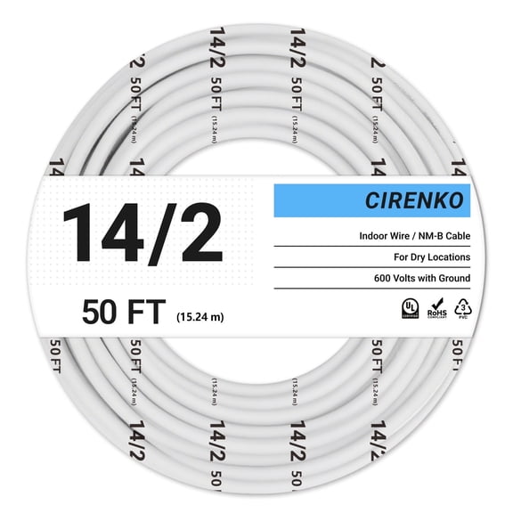 14/2 NM-B Cable 50 FT – UL Listed Residential Indoor Electrical Wire with Ground, Solid Bare Copper, 600V