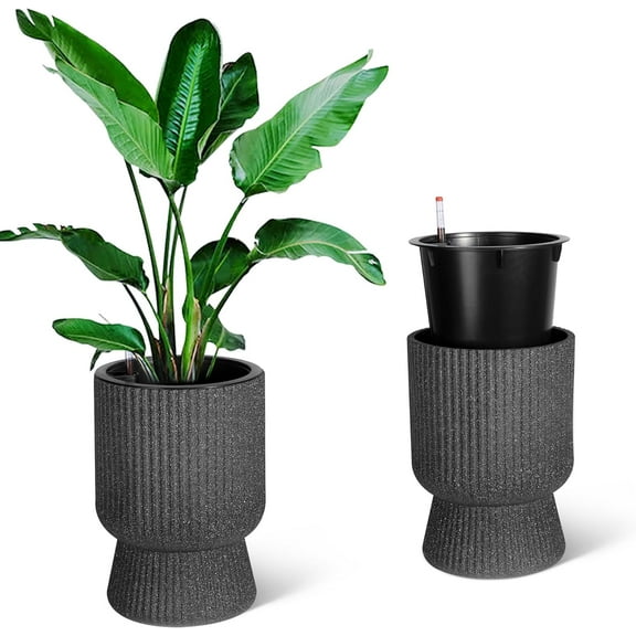14.2" Planters Set of 2, Outdoor＆Indoor Black Planter Pots, Planter Pots with Inner Bucket and Water Level Monitor, for Patio, Porch, Living Room, or Home Office,Black