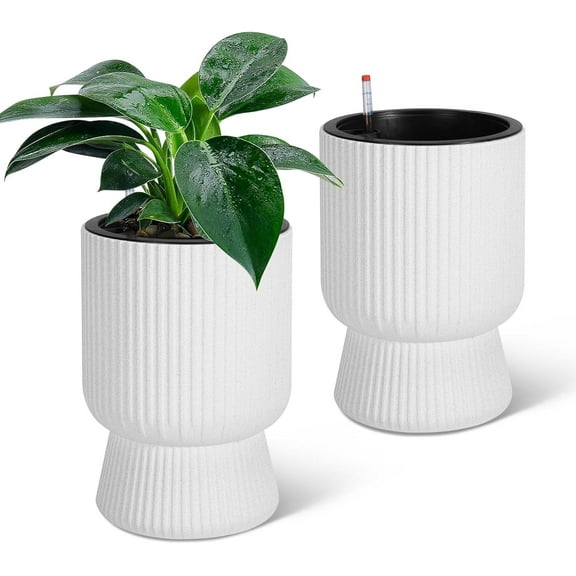 14.2" Planters Set of 2 - Tall Planters with Water Level Monitors, Hidden Water Storage Tank for Self-Watering, with Easy Water and Fertilizer Inlet, Indoor & Outdoor Use,Marble White