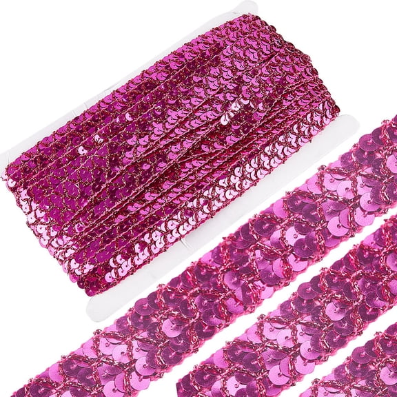 14.2 Yard 0.79 Inch Sequin Ribbon Trim 3 Row Flat Glitter Paillette Fabric Crafts Deep Pink Bling Metallic Sequins Band Roll Trimming for DIY