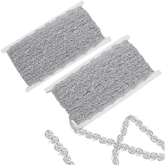 14.2 Yards (13m) Filigree Lace Trim 5/8 inch (15mm) Gimp Braid Trim Wavy Polyester Lace Ribbon Metallic Upholstery Trims for Curtain Home Decor DIY Crafts Costume Silver