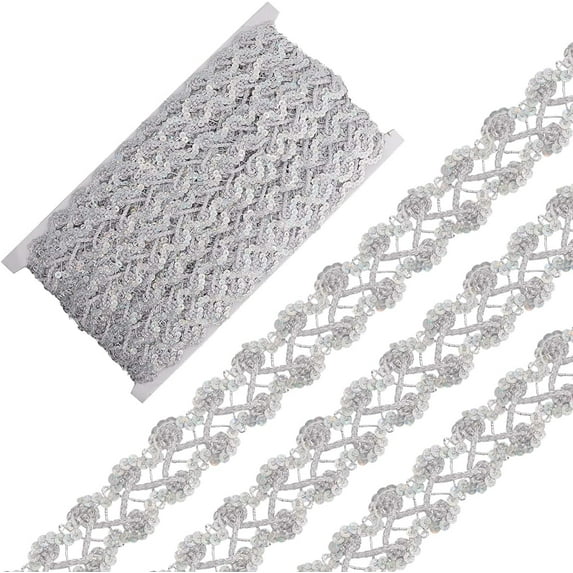 14.2 Yards Metallic Braid Lace Trim 1 Inch Width Flower Wavy Ribbon Decorated Silver Gimp Trim Venice Edge with Sequins Paillette Craft Sewing Lace for Wedding Costume Clothing Decoration
