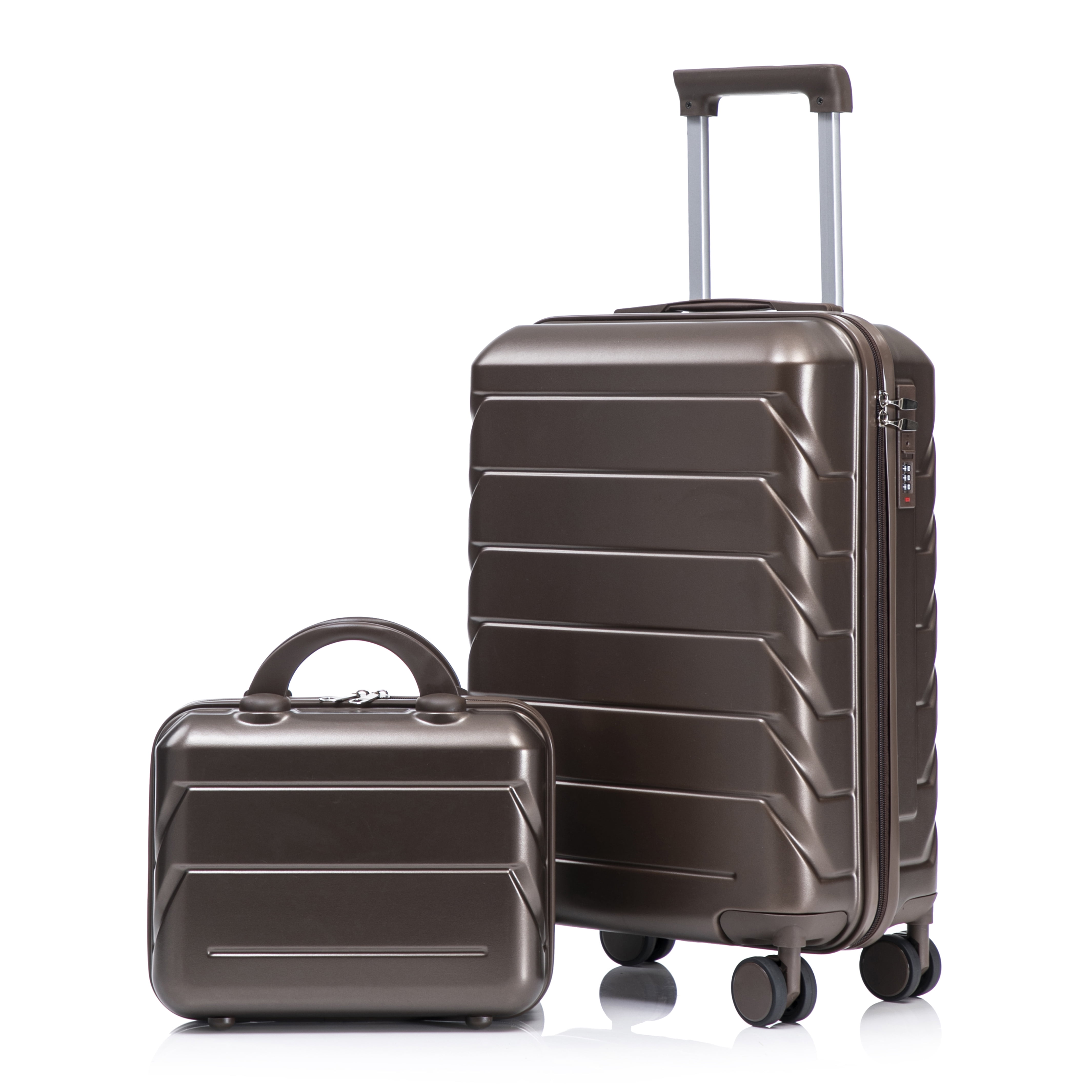 14"/20" 2 pcs/set in ABS Spinner Wheel Luggage, with Combination Lock, 14" Cosmetic Case (Brown)