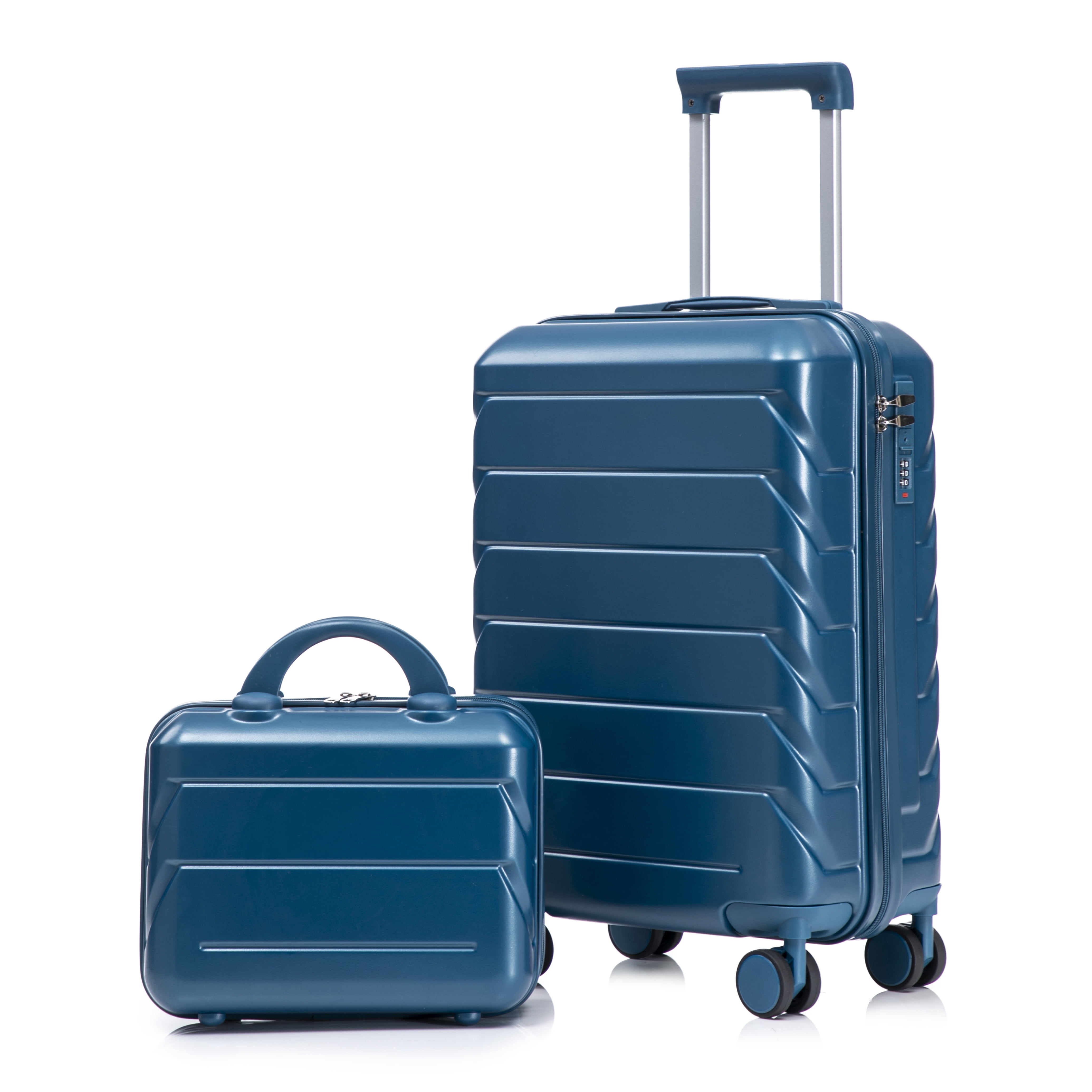 14"/20" 2 pcs/set in ABS Spinner Wheel Luggage, with Combination Lock, 14" Cosmetic Case (Dark Blue)