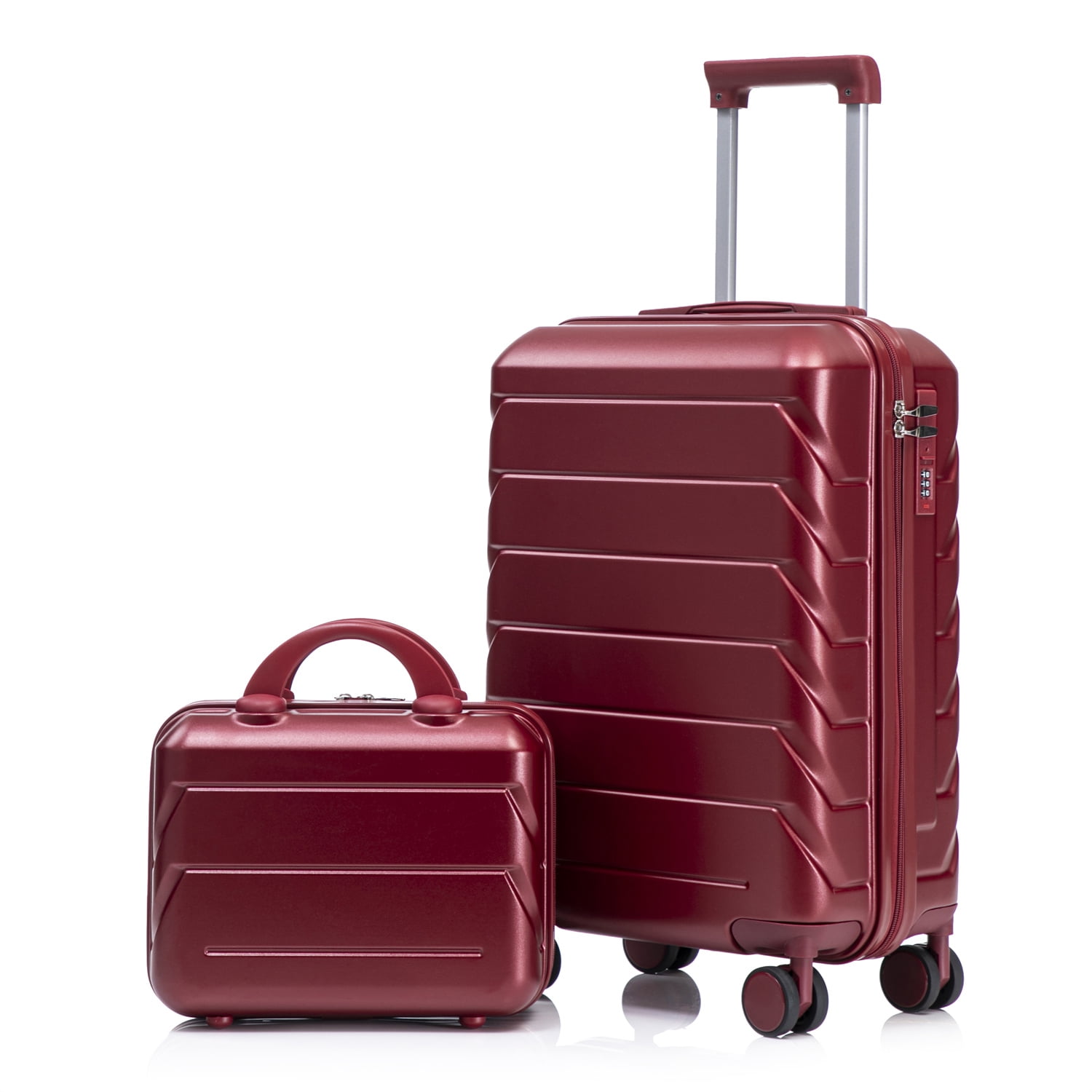 14"/20" 2 pcs/set in ABS Spinner Wheel Luggage, with Combination Lock, 14" Cosmetic Case (Wine Red)