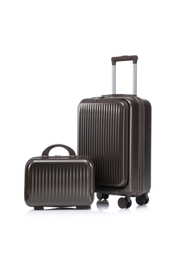 14"/20" 2 pcs/set in ABS Spinner Wheel Luggage, with Combination Lock and Front Opening Design, 14" Cosmetic Case (Brown)